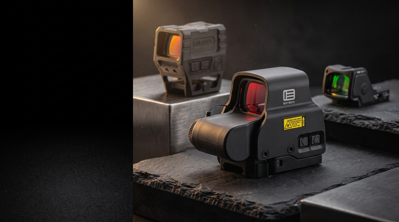 Trusted performance brands banner — EOTech EXPS2 holographic sight with Holosun AEMS and Trijicon RMR HD in warm rim light