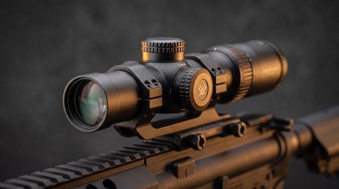 Low-power variable rifle scope mounted on a rail