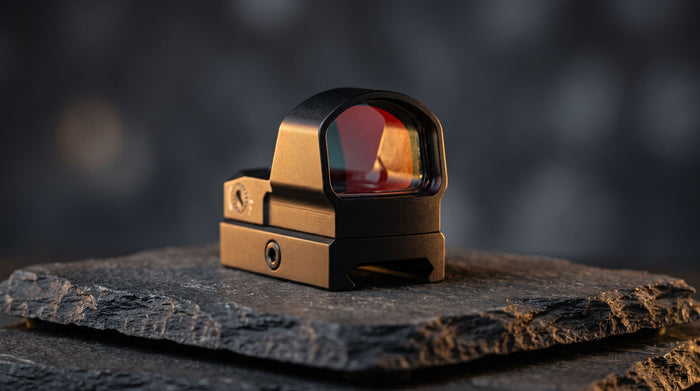Red dot sight optic in dramatic low-key lighting