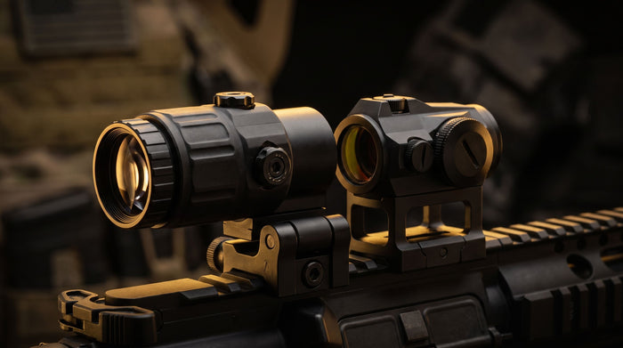 Flip-to-side magnifier beside a red dot sight