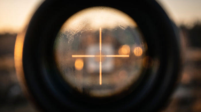View through a scope showing an illuminated reticle