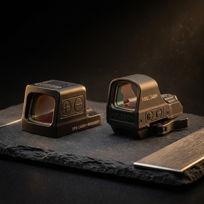Enclosed vs open red dot sights – Holosun enclosed EPS beside open HS510C reflex sight