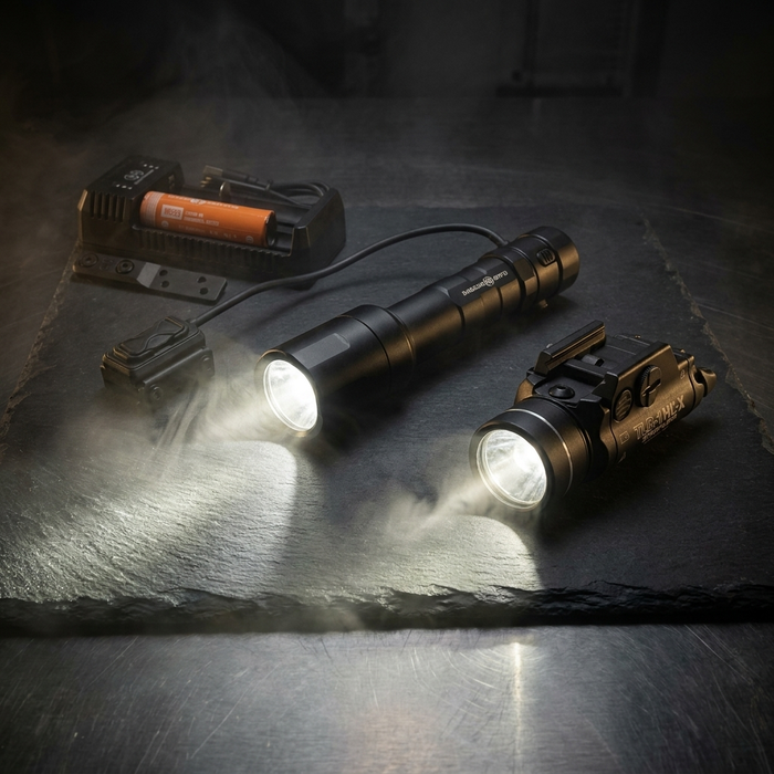 Lumens vs candela – flood versus throw beams from Cloud Defensive REIN and Streamlight TLR-1