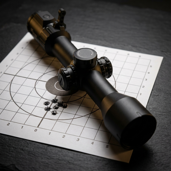 MOA at distance – SIG SIERRA6BDX rifle scope across a gridded target with a tight shot group
