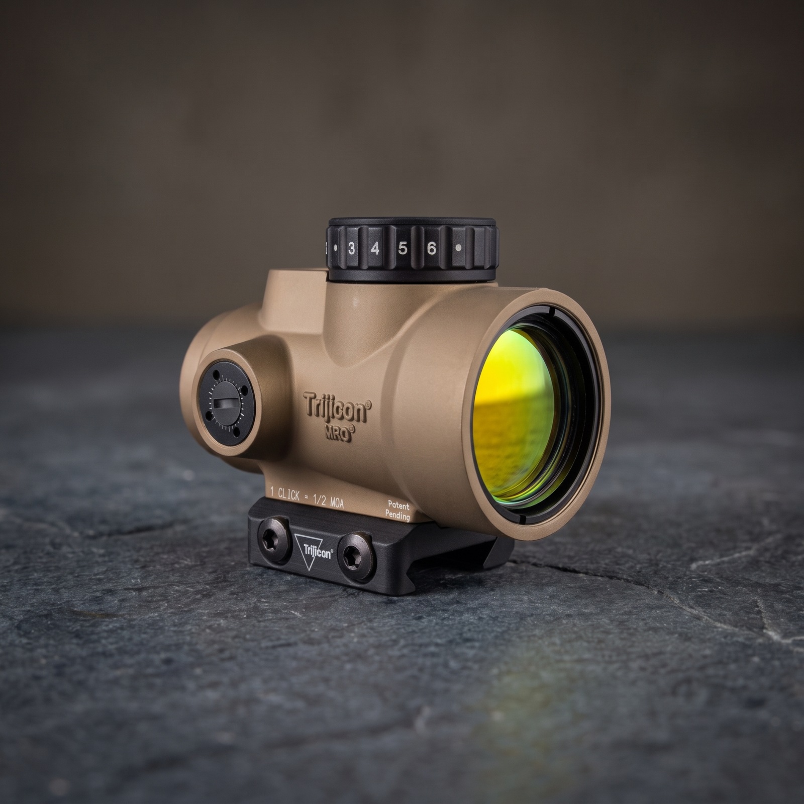 Trijicon MRO SD 1x25 red dot sight in coyote with a 2 MOA dot on a low mount