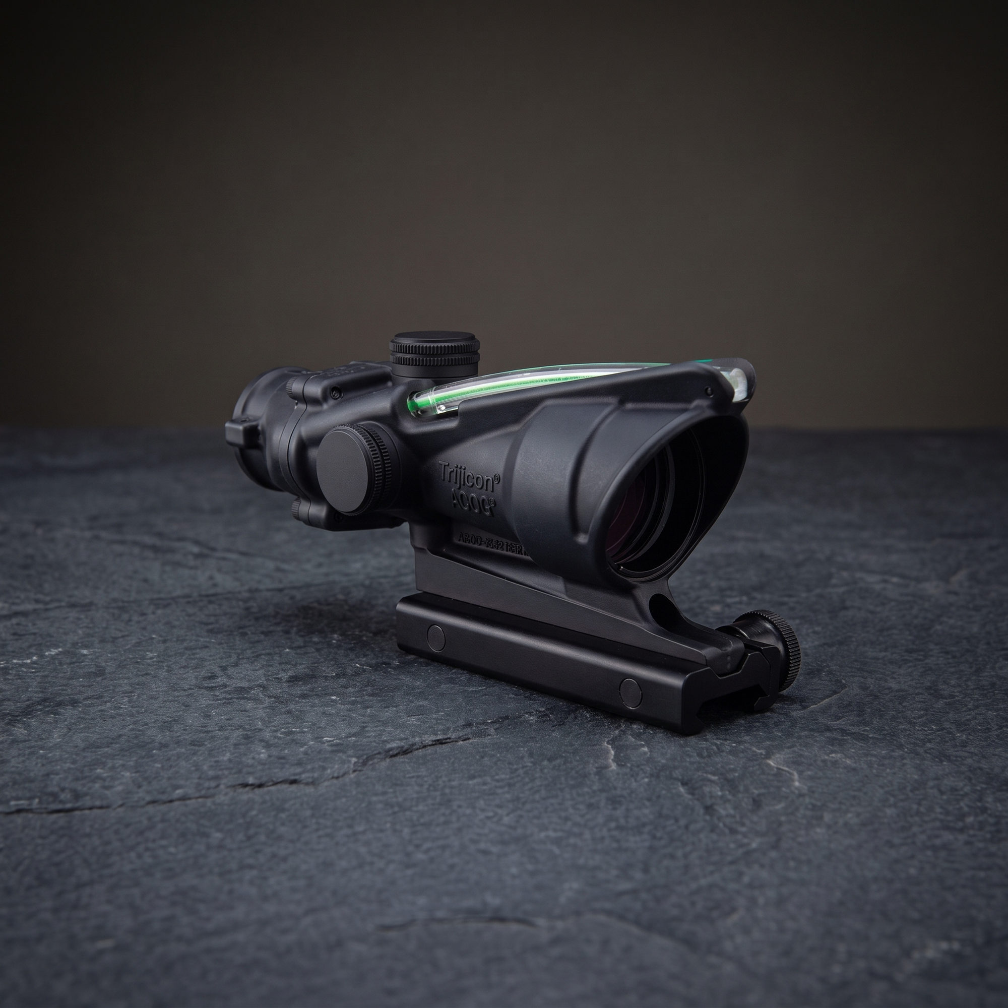 Trijicon ACOG 4x32 rifle scope with the green chevron .223 BAC reticle, lit by fibre optic and tritium