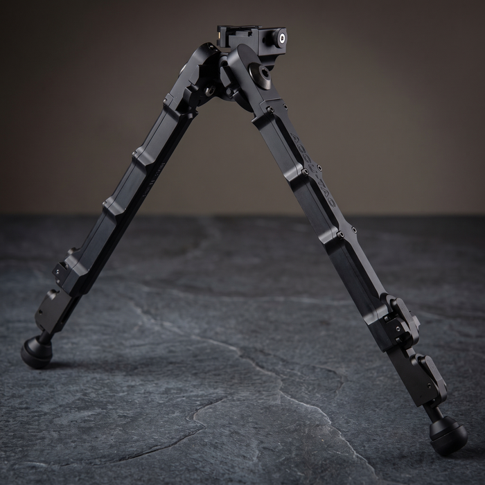 Accu-Tac HT-10 Picatinny hunting bipod, double-pull legs reaching 519 mm for seated stalking