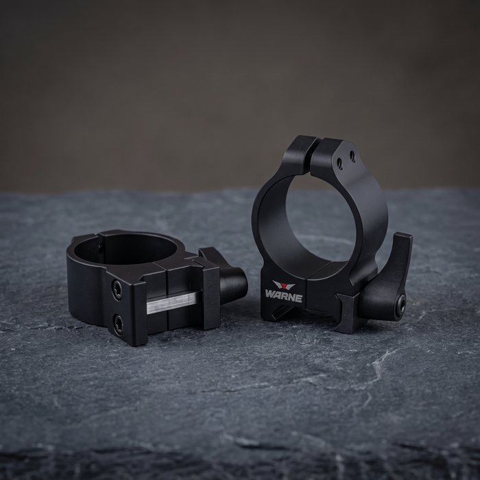 Warne Maxima 30 mm medium quick-detach scope rings, fitting both Picatinny and Weaver rails