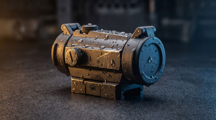 Sealed enclosed red dot sight with water droplets