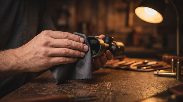 Cleaning a rifle scope lens with a microfibre cloth