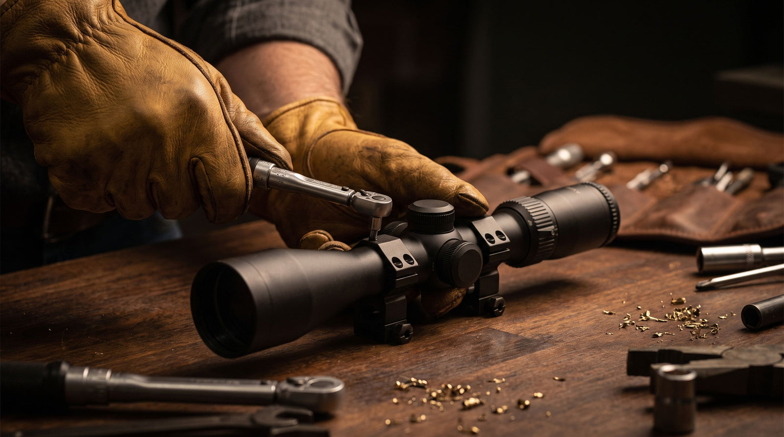 Hands mounting a rifle scope with a torque wrench