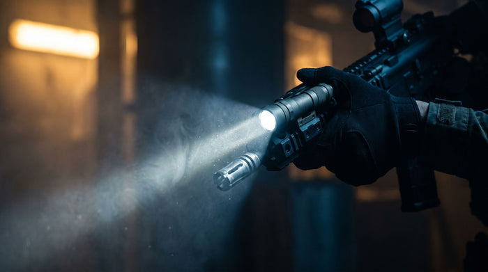 Tactical weapon light beam cutting through darkness