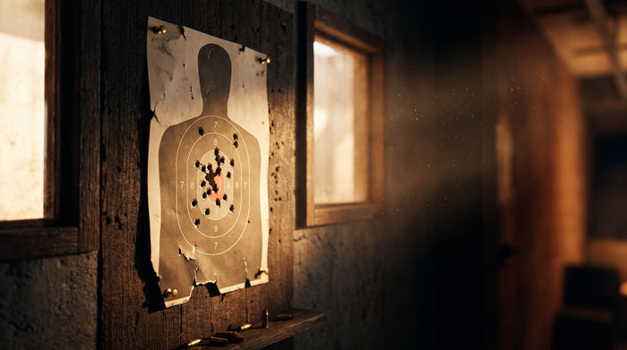 Shooting target with tight groupings on a range wall