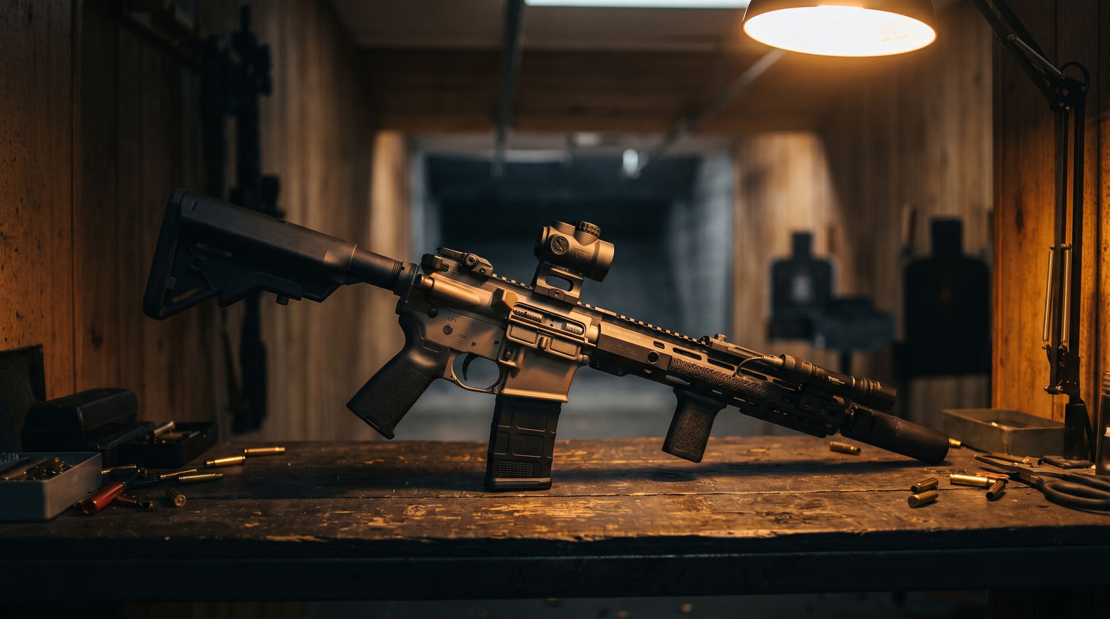 Sporting rifle with a red dot optic on a workbench