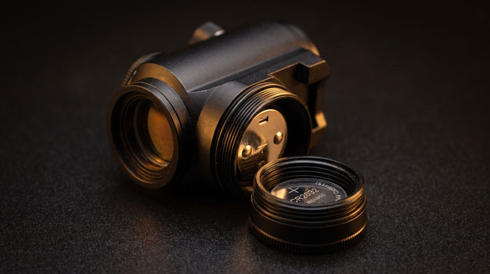 Red dot sight battery compartment with a coin cell