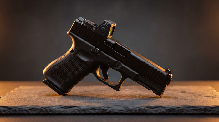 Pistol with a mini red dot sight, dark cinematic lighting