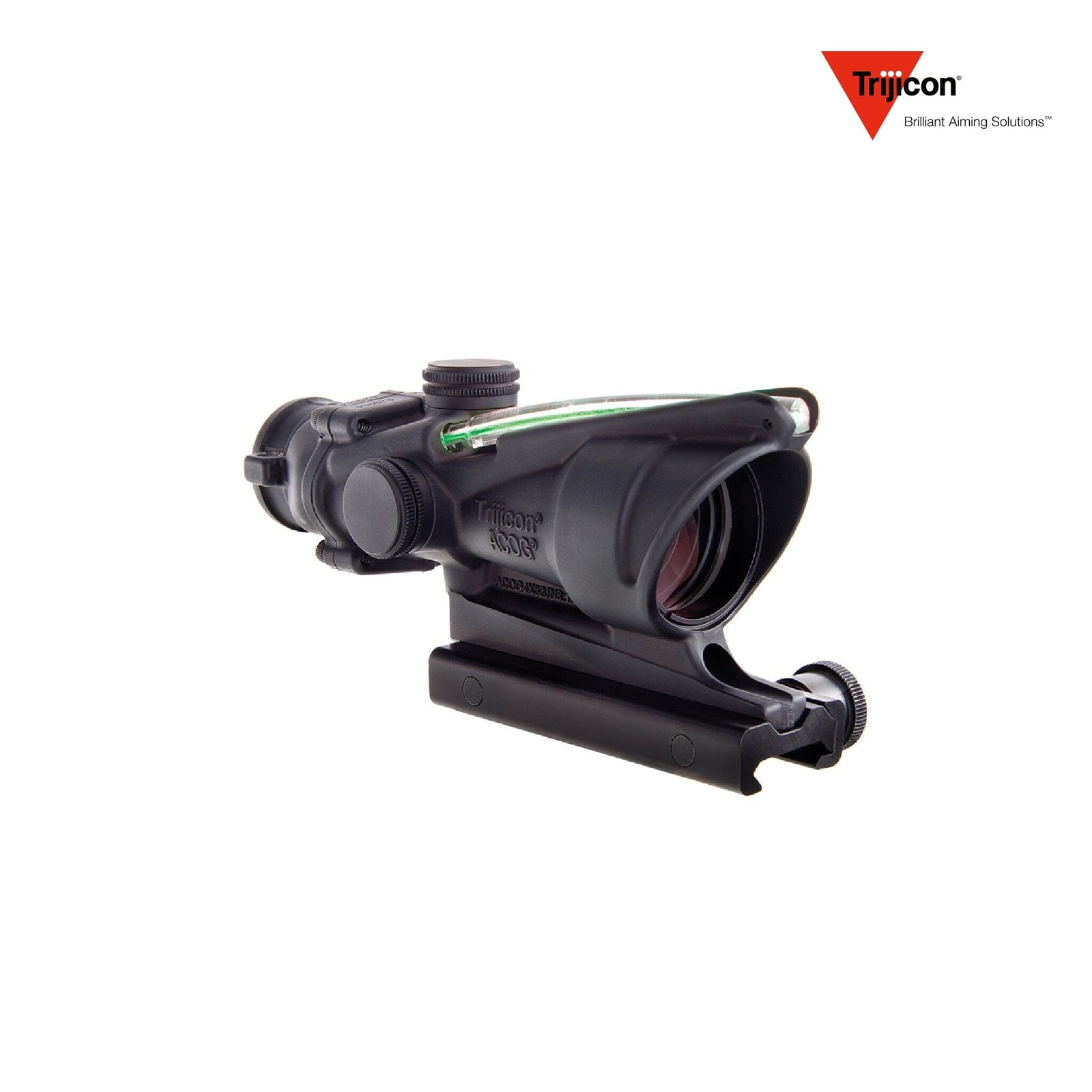 Trijicon ACOG 4x32 rifle scope with the green chevron .223 BAC reticle, lit by fibre optic and tritium
