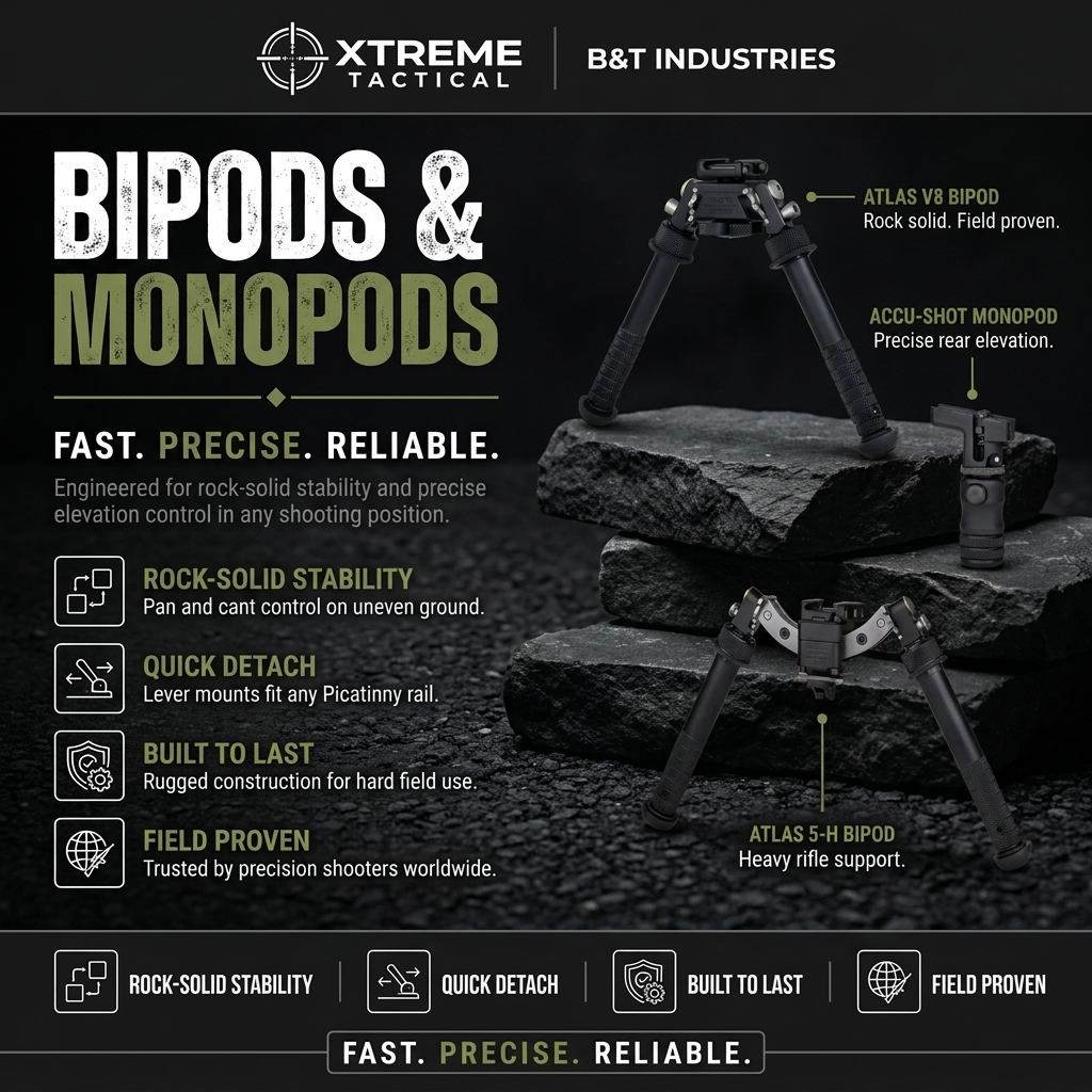 Bipods & Monopods at Xtreme Tactical – Atlas V8 Bipod, Accu-Shot Monopod, Atlas 5-H Bipod
