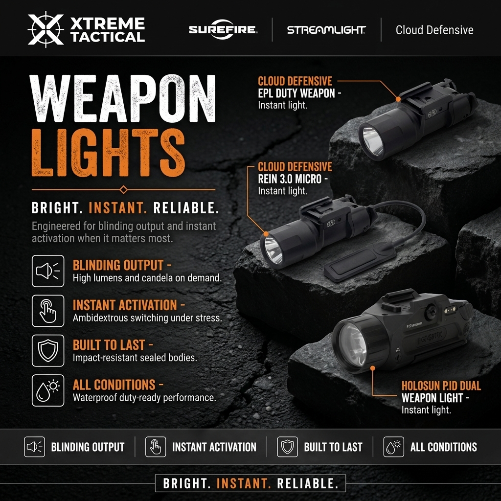 Weapon Lights at Xtreme Tactical – Cloud Defensive Epl Duty Weapon, Cloud Defensive Rein 3.0 Micro, Holosun P.Id Dual Weapon Light
