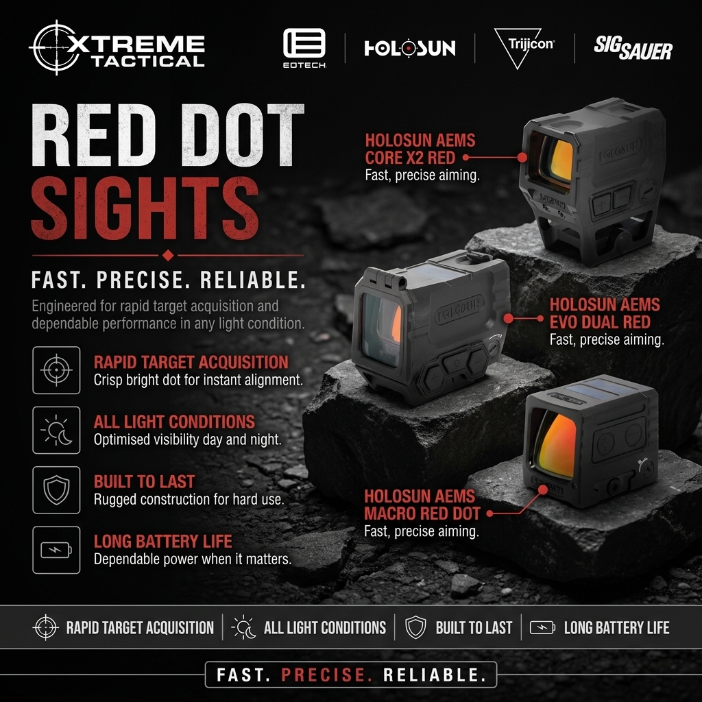 Red Dot Sights at Xtreme Tactical – Holosun Aems Core X2 Red, Holosun Aems Evo Dual Red, Holosun Aems Macro Red Dot