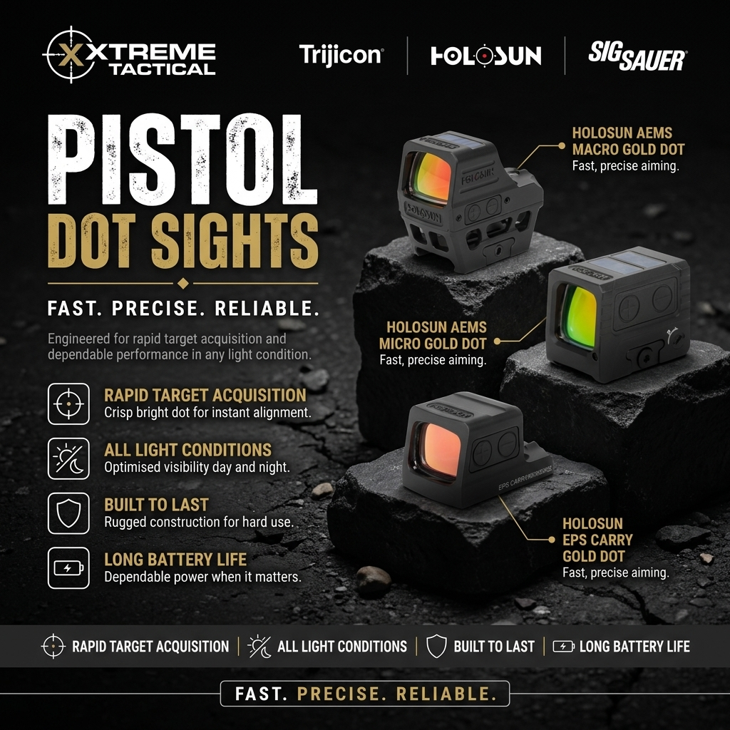 Pistol Dot Sights at Xtreme Tactical – Holosun Aems Macro Gold Dot, Holosun Aems Micro Gold Dot, Holosun Eps Carry Gold Dot