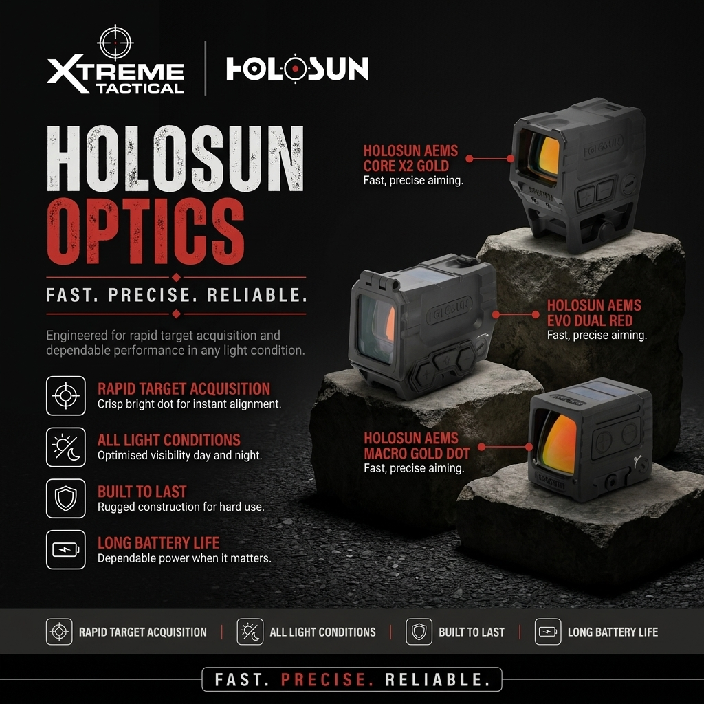 Holosun Optics at Xtreme Tactical – Holosun Aems Core X2 Gold, Holosun Aems Evo Dual Red, Holosun Aems Macro Gold Dot