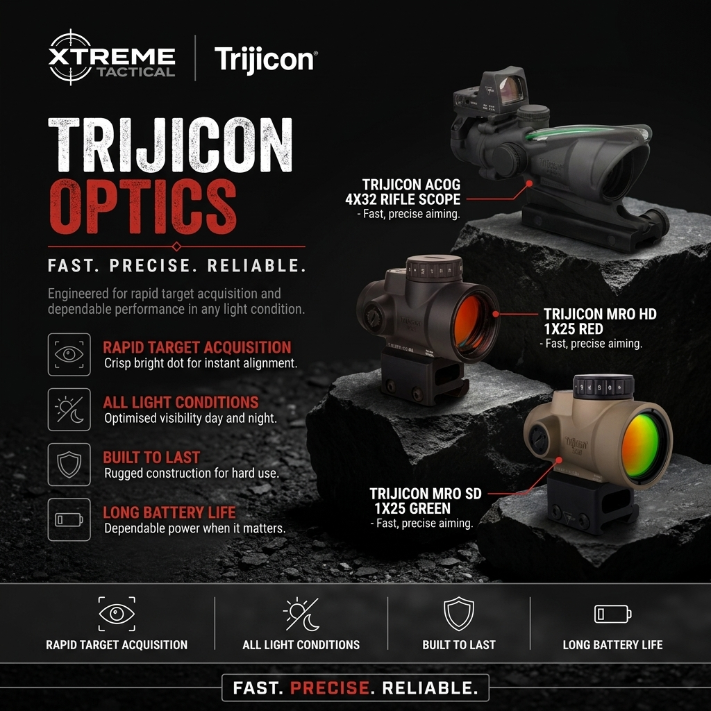 Trijicon Optics at Xtreme Tactical – Trijicon Acog 4X32 Rifle Scope, Trijicon Mro Hd 1X25 Red, Trijicon Mro Sd 1X25 Green