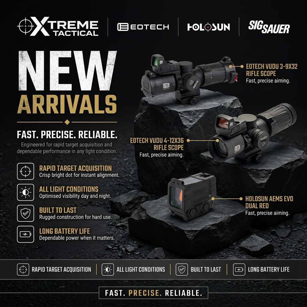 New Arrivals at Xtreme Tactical – Eotech Vudu 3-9X32 Rifle Scope, Eotech Vudu 4-12X36 Rifle Scope, Holosun Aems Evo Dual Red