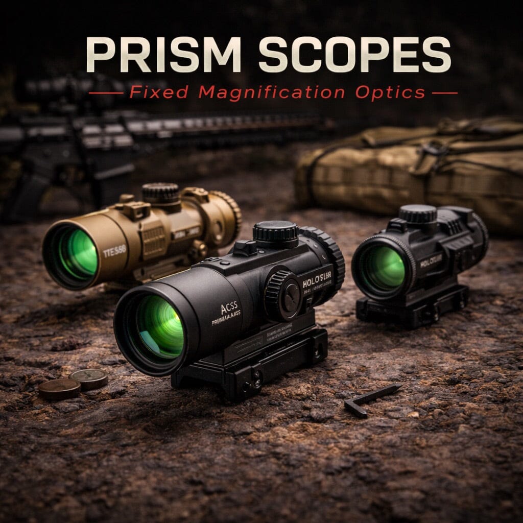 Prism scopes with fixed magnification optics designed for tactical rifles and fast target acquisition shooting