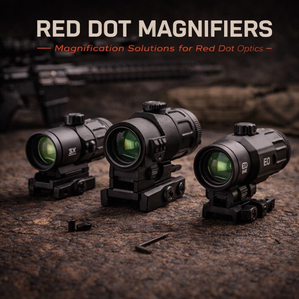 Red dot magnifiers for rifle optics designed to extend range and improve target identification with red dot sights