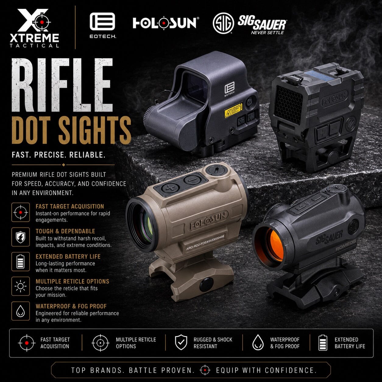 Rifle dot sights including red dot and reflex optics designed for fast target acquisition on tactical rifles