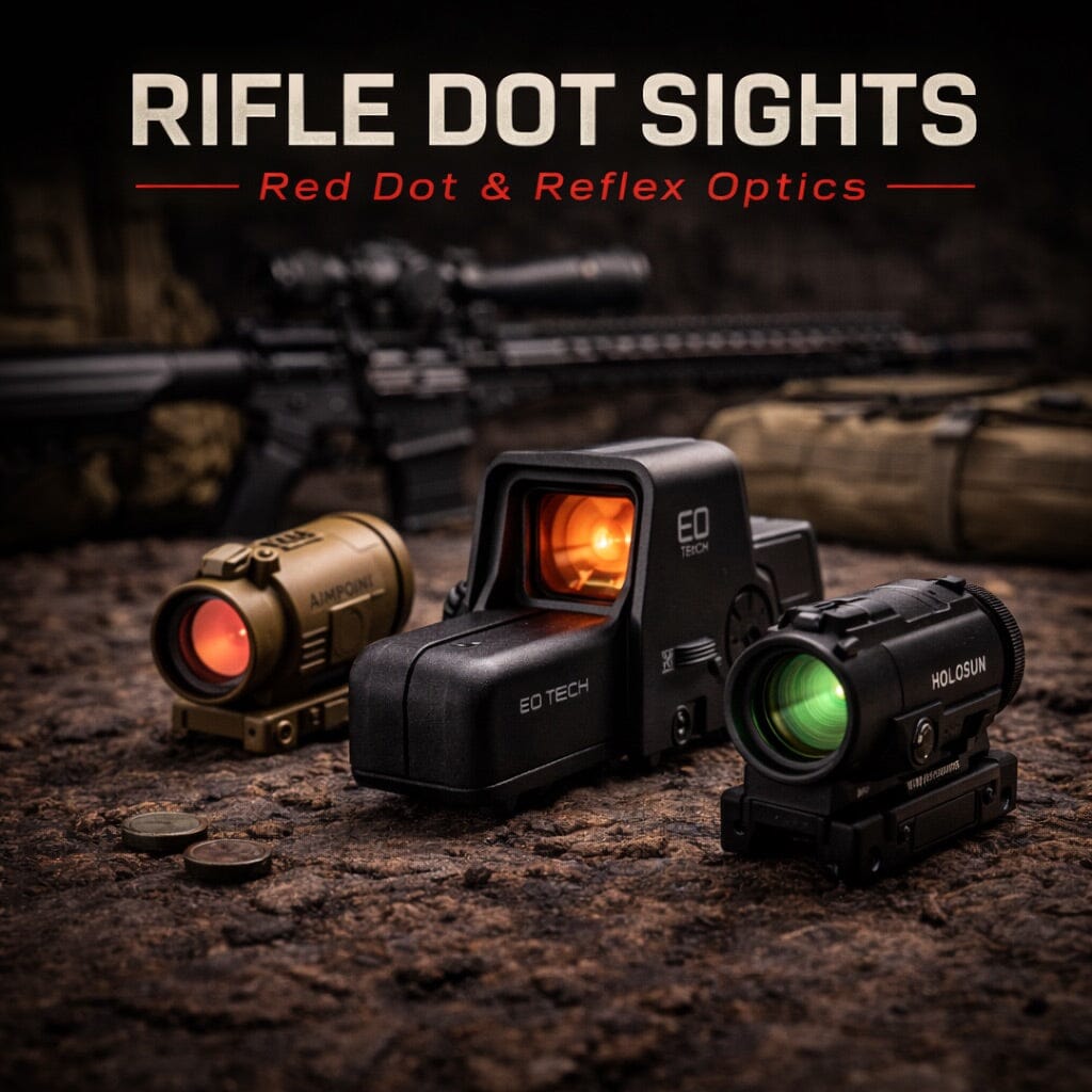 Rifle dot sights including red dot and reflex optics designed for fast target acquisition on tactical rifles