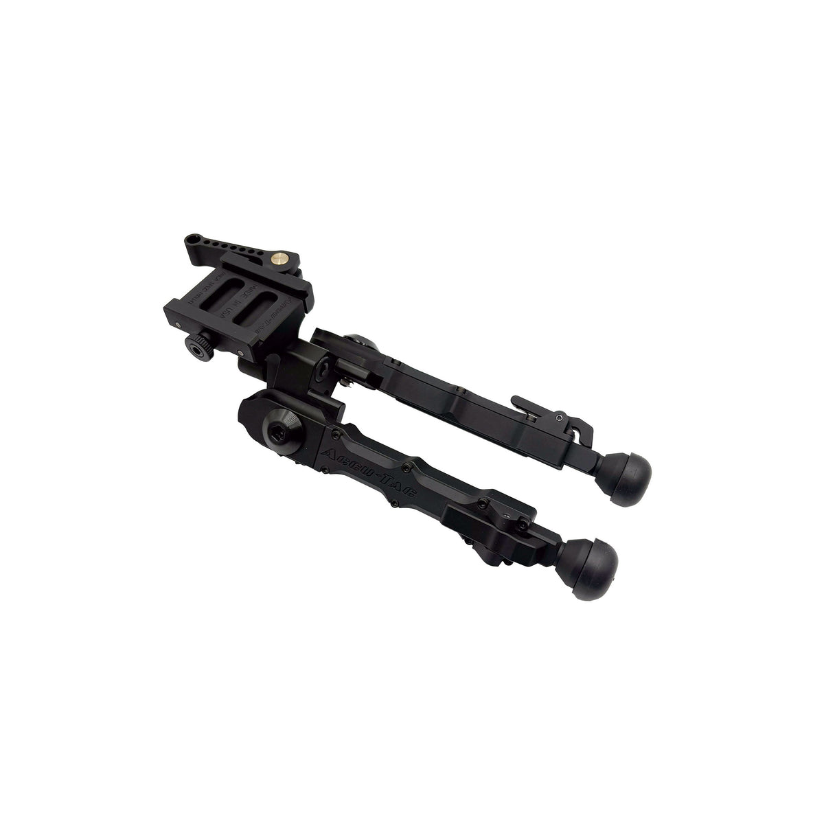 Accu-Tac FD-4 Arca-Spec QD Bipod in black, side view showing the Arca-Swiss clamp