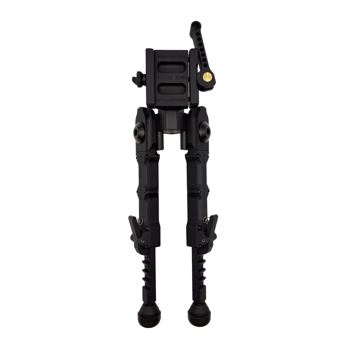 Top-down view of the Accu-Tac FD-4 Arca-Spec QD Bipod in black with legs extended out