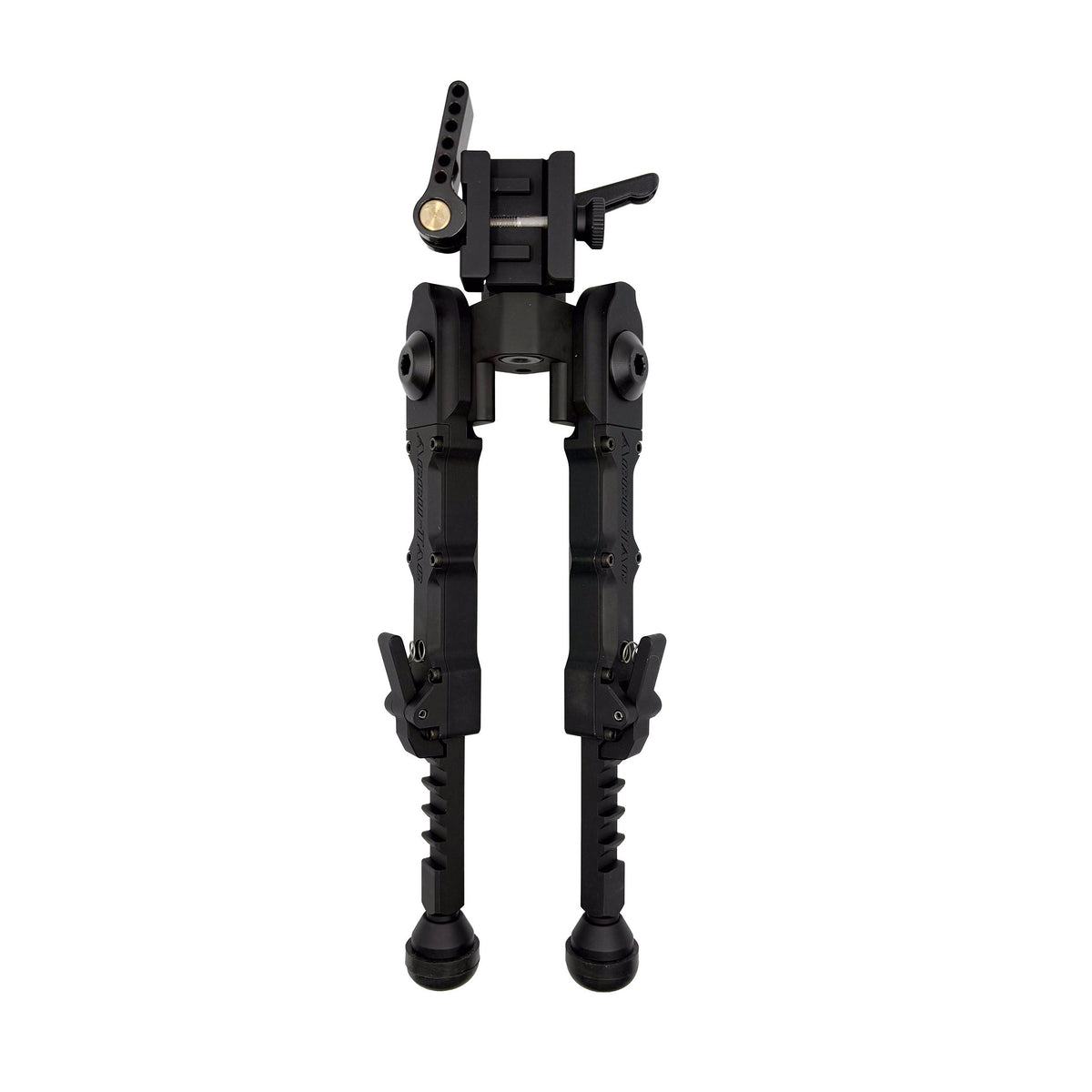 Top-down view of the Accu-Tac FD-4 Picatinny Bipod in black with the legs extended out
