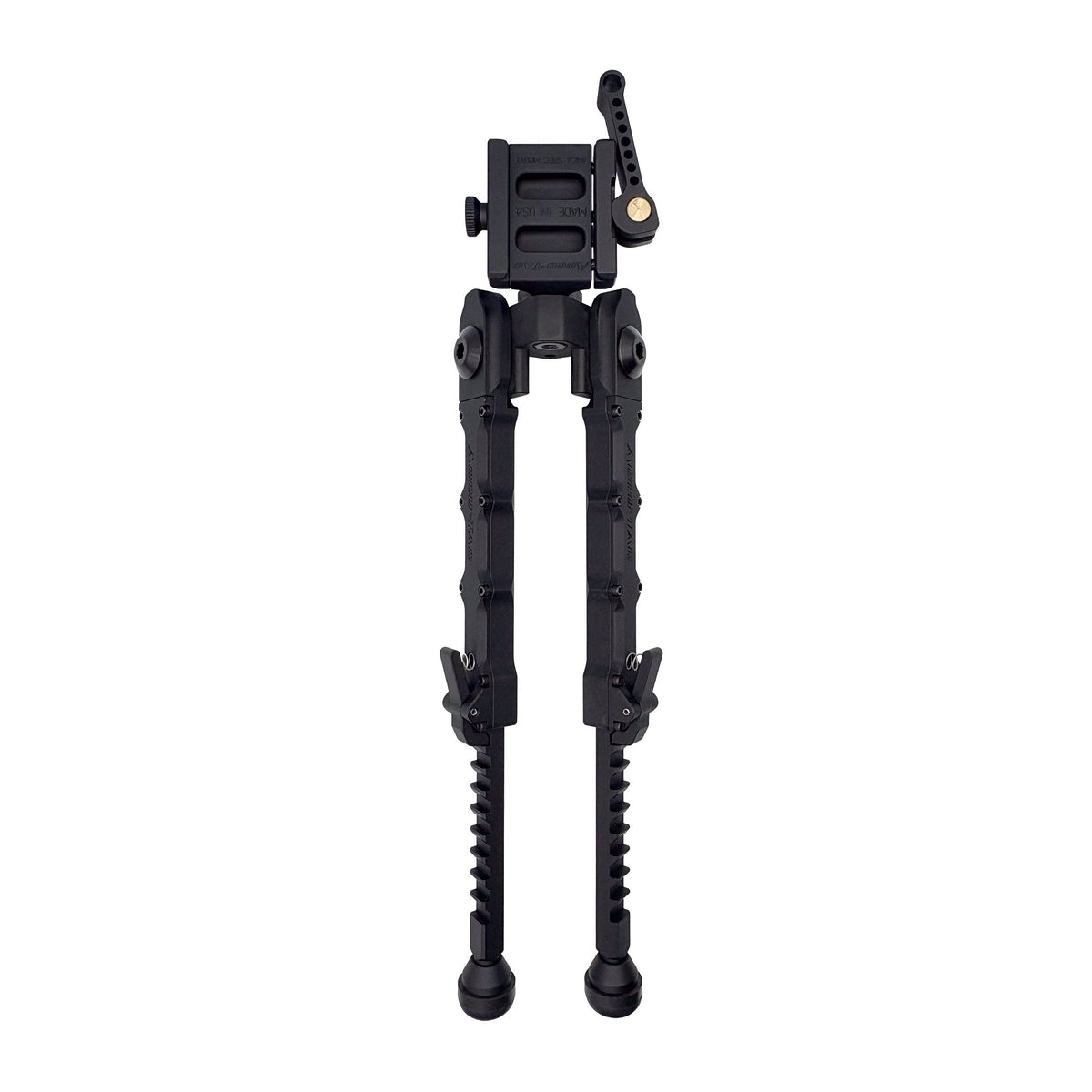 Top-down view of the Accu-Tac FD-5 Arca-Spec QD Bipod in black with legs extended out