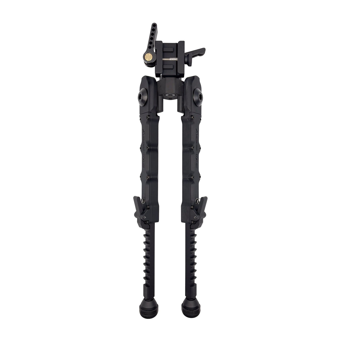 Top-down view of the Accu-Tac FD-5 Picatinny Bipod in black with the legs extended out
