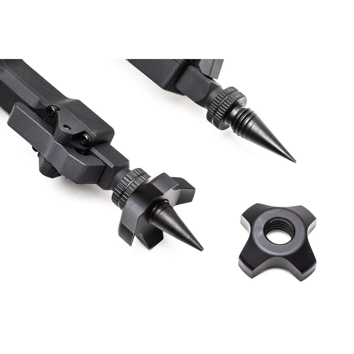 Accu-Tac G1 threaded bipod spike shown alongside its screw-on claw attachment