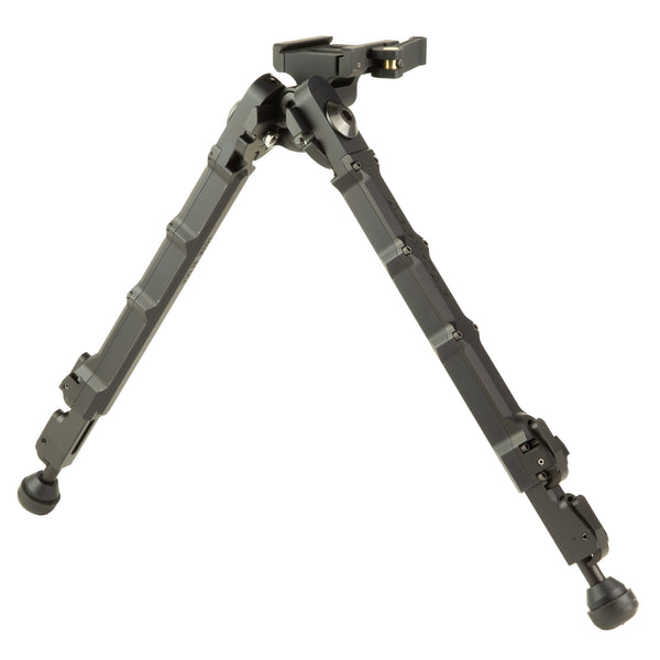 Accu-Tac HT-10 Arca-Spec hunting bipod in black, three-quarter view with both legs deployed