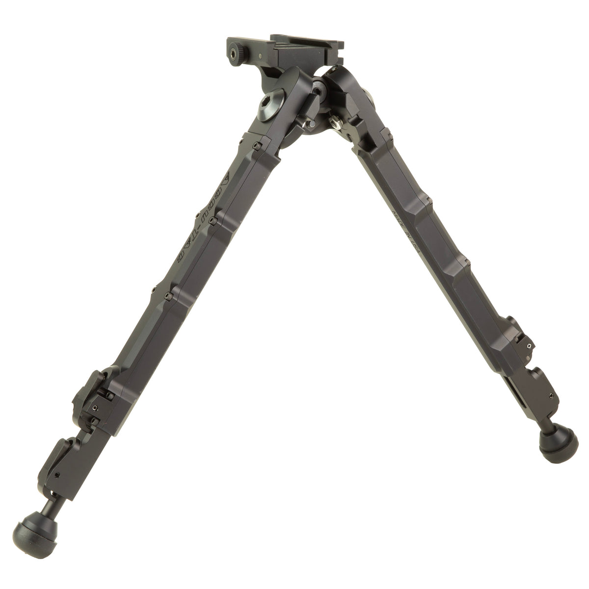 Accu-Tac HT-10 Arca-Spec bipod photographed square on, legs splayed into the shooting stance