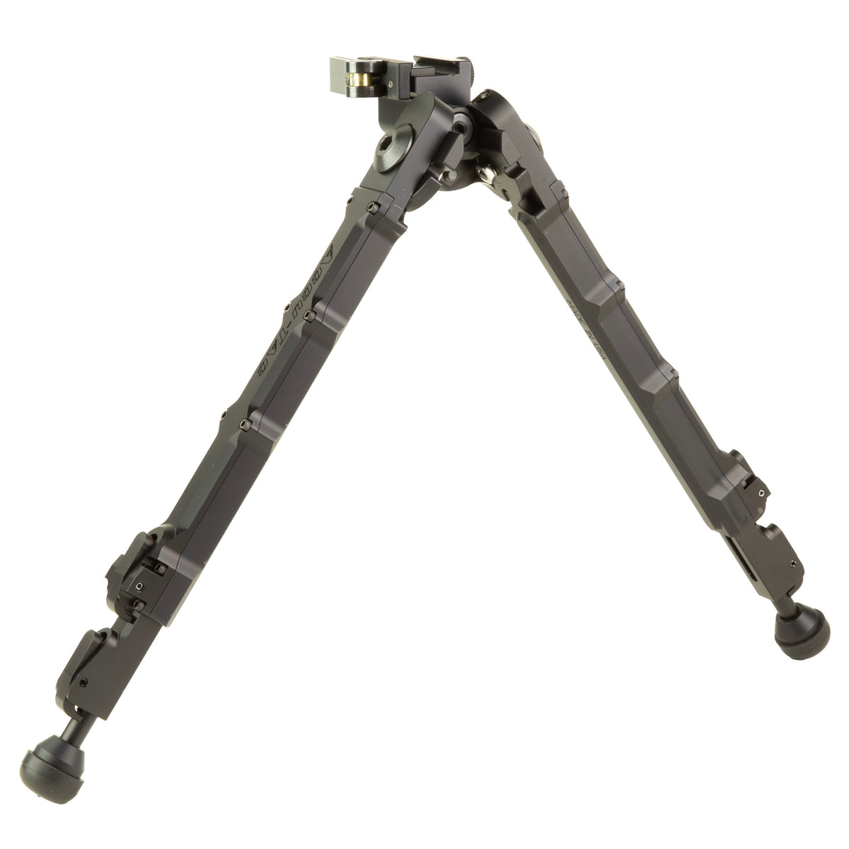 Accu-Tac HT-10 Picatinny bipod seen head on against white, legs locked open at a wide stance