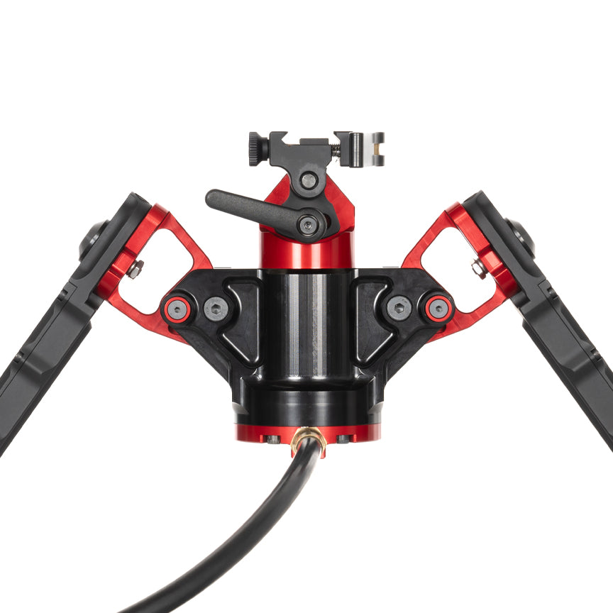 Accu-Tac HYB-500 Hydro Bipod in black and red showing its hydraulic leg damping system