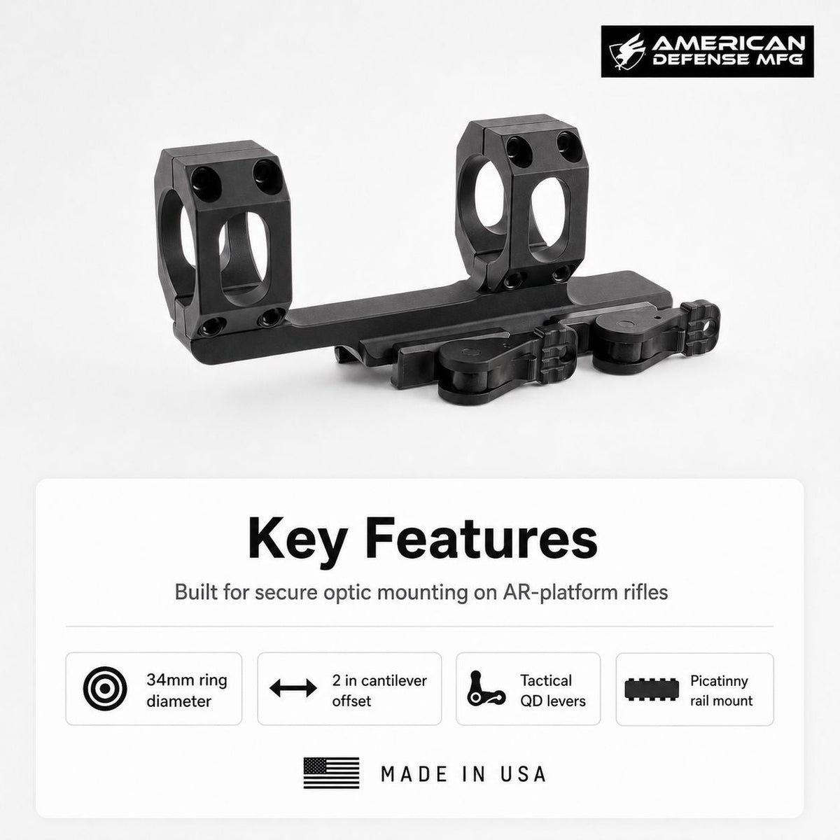 American Defense AD-RECON 34mm mount with low-profile TAC levers for Picatinny rails