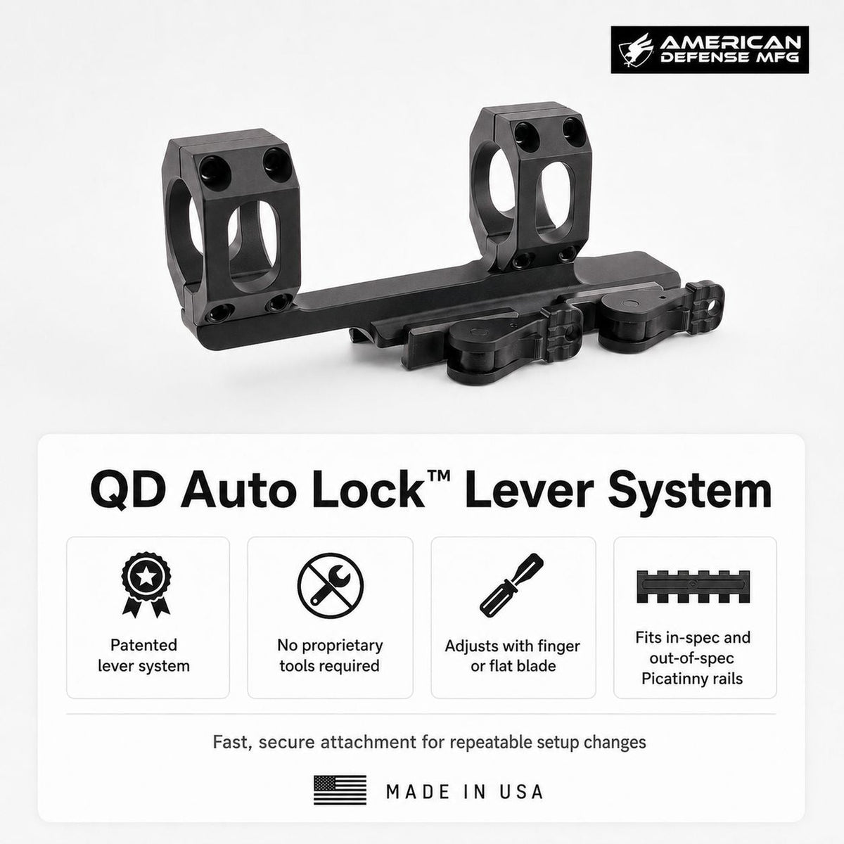 American Defense AD-RECON 34mm TAC lever mount with a 2 inch forward cantilever offset