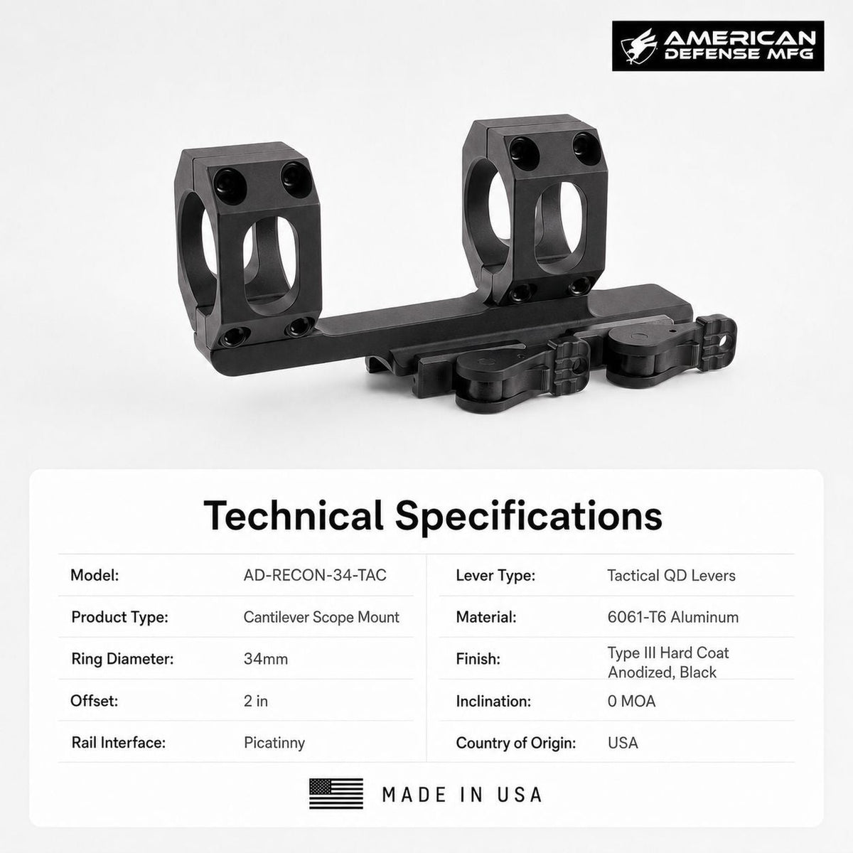 American Defense AD-RECON 34mm TAC lever cantilever mount for AR-15 flat-top uppers