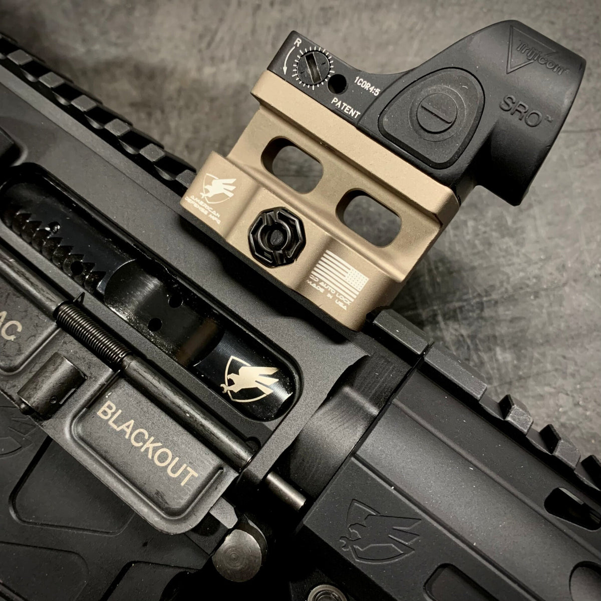 American Defense AD-RMR-LW lightweight Trijicon RMR QD mount in black hard-anodised aluminium, the shared range photograph used on the 1.93in height listing
