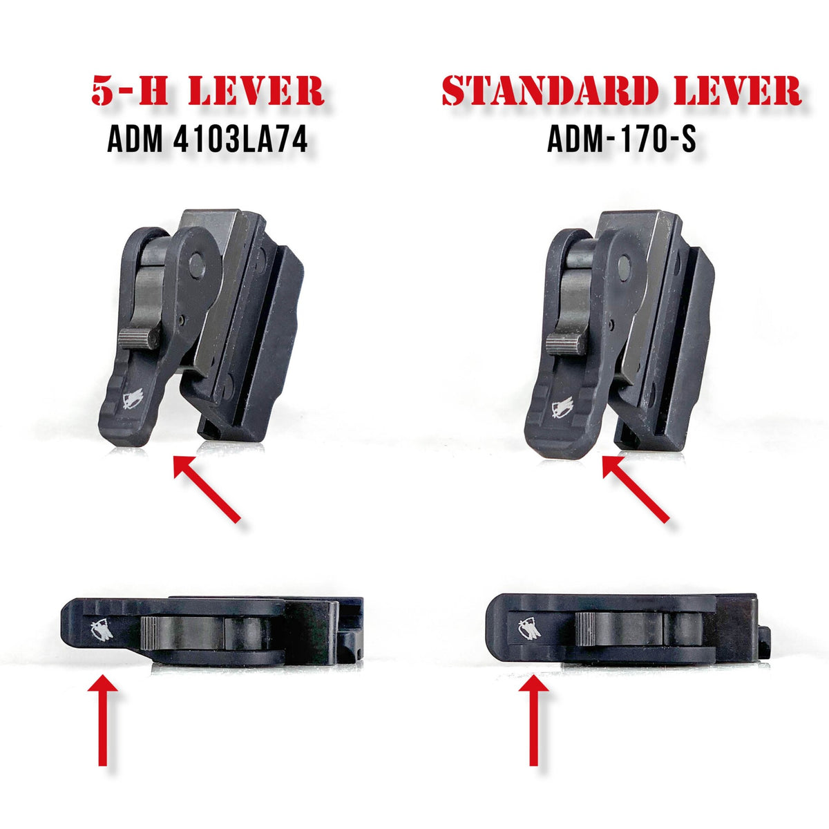 American Defense ADM 5-H lever shown beside the ADM 170-S lever for size comparison