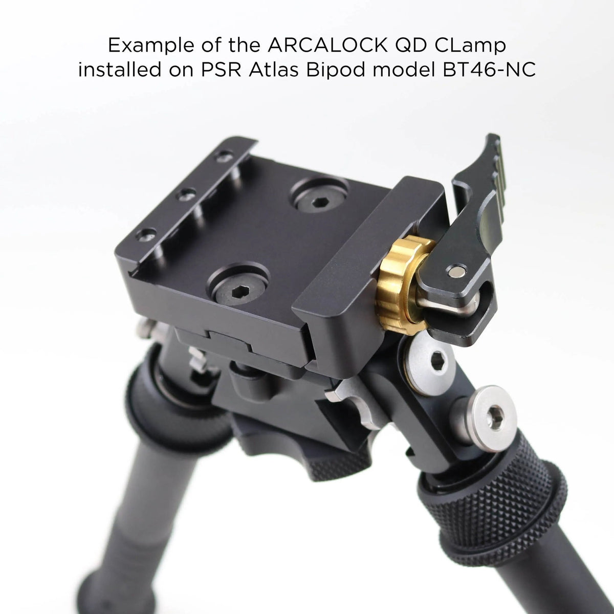 Area 419 ARCALOCK QD clamp fitted to an Atlas BT46-NC bipod for quick-detach changes