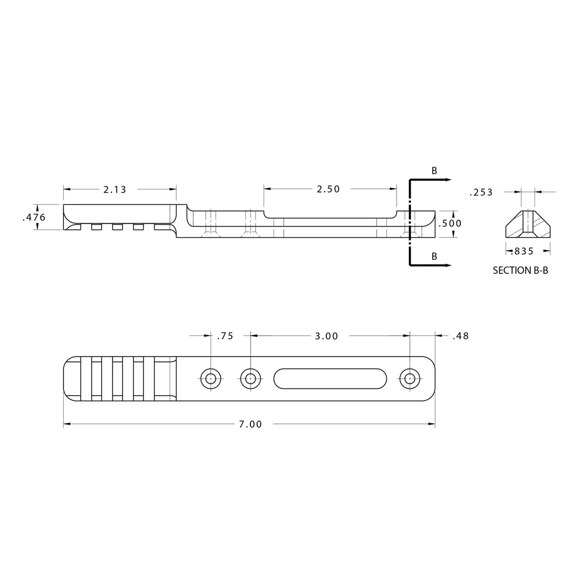 Atlas Bipod BT63 nose rail with its mounting hole spacing and dimensions
