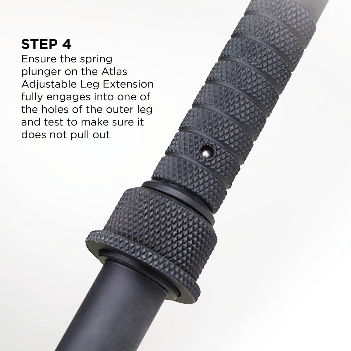 Atlas Bipod BT85 adjustable leg extensions shown in close detail, black anodised aluminium